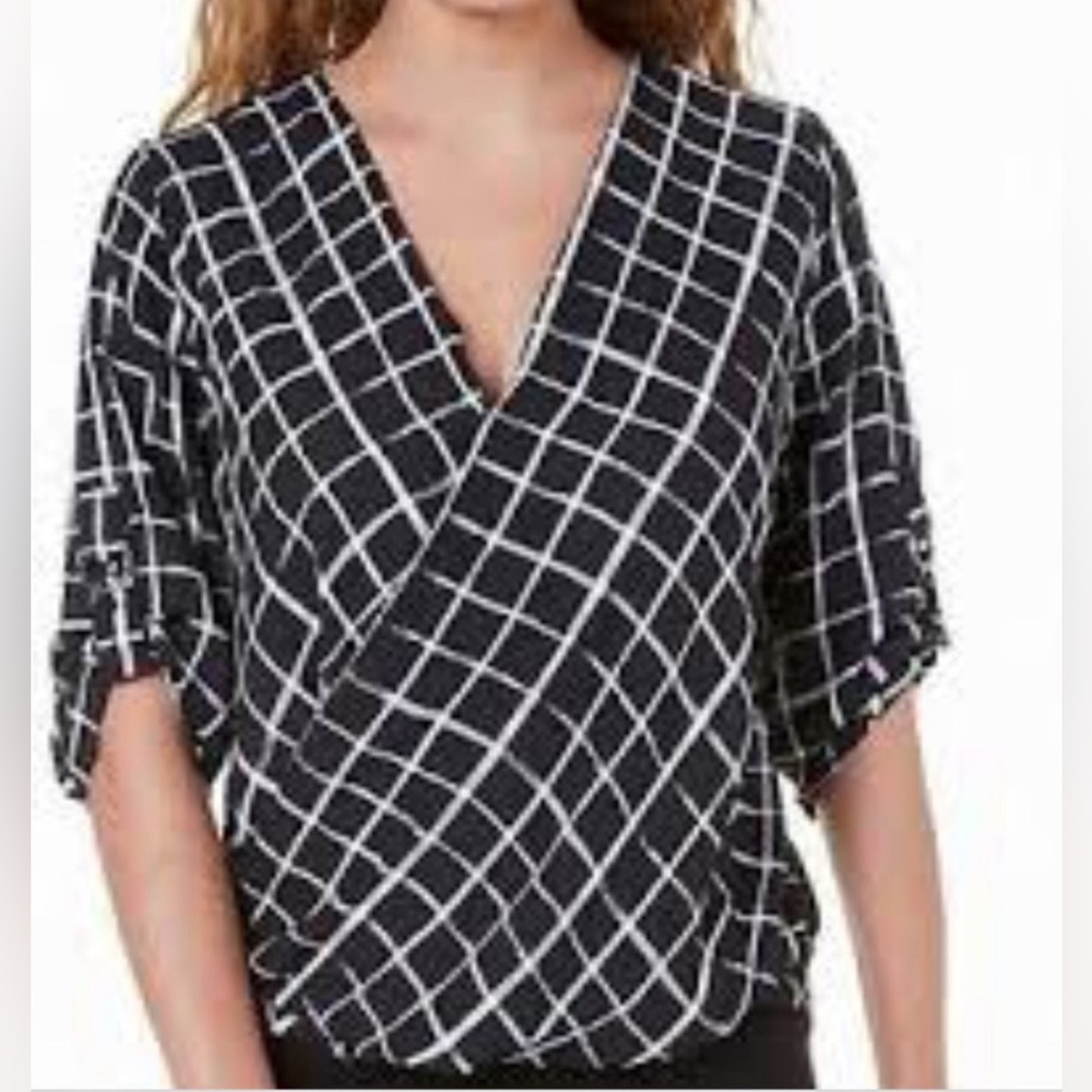 BCX Black & White Plaid Grid Roll Tab Blouse Top Size XL - Picture 3 of 14